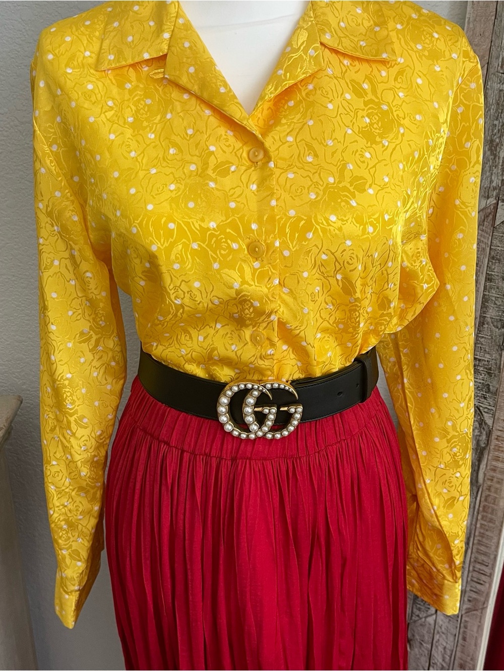 Vintaga polka dot and floral jacquard pattern blouse